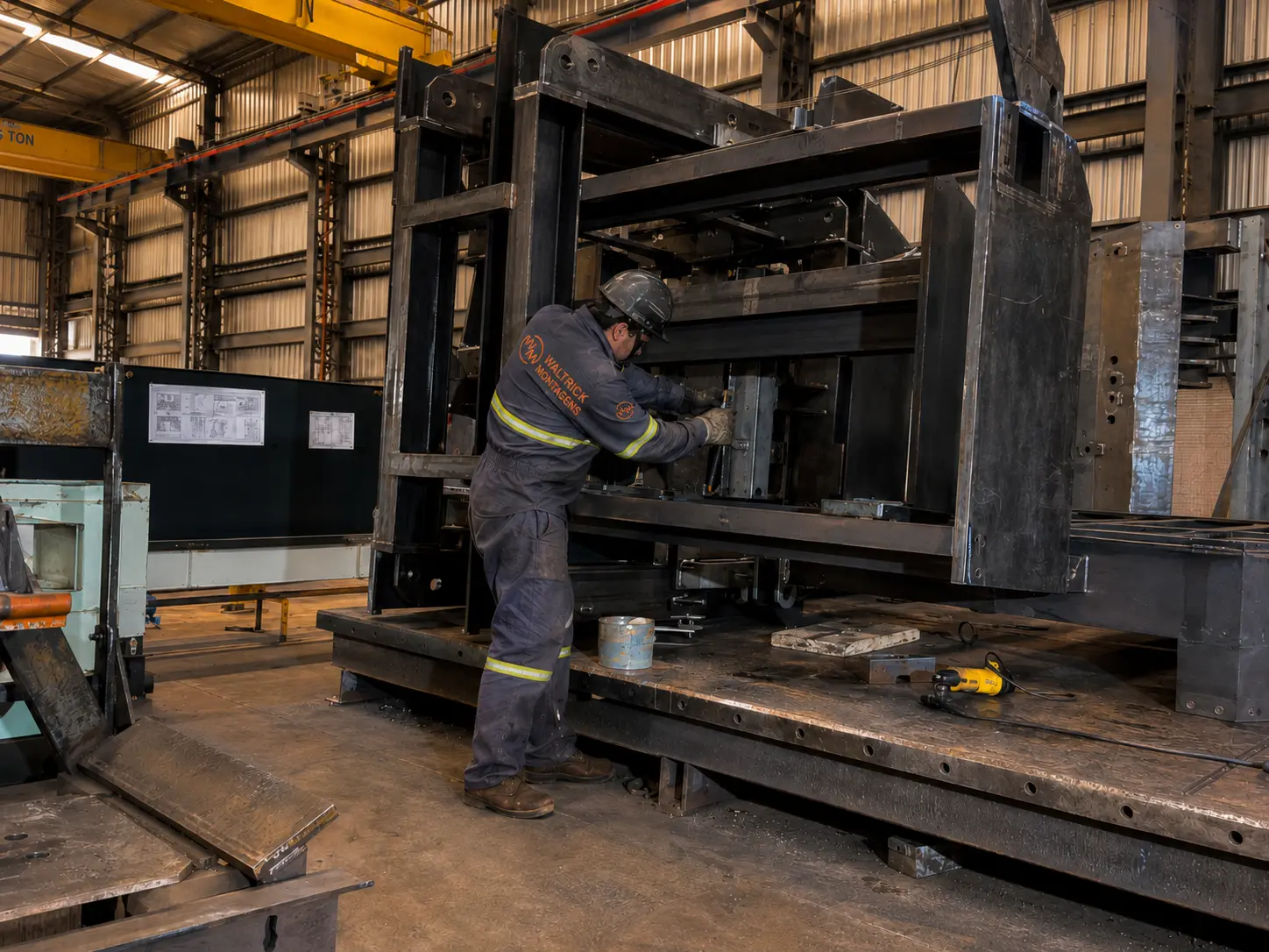 Montagem de caldeira e estrutura industrial em operação com equipamentos de processo